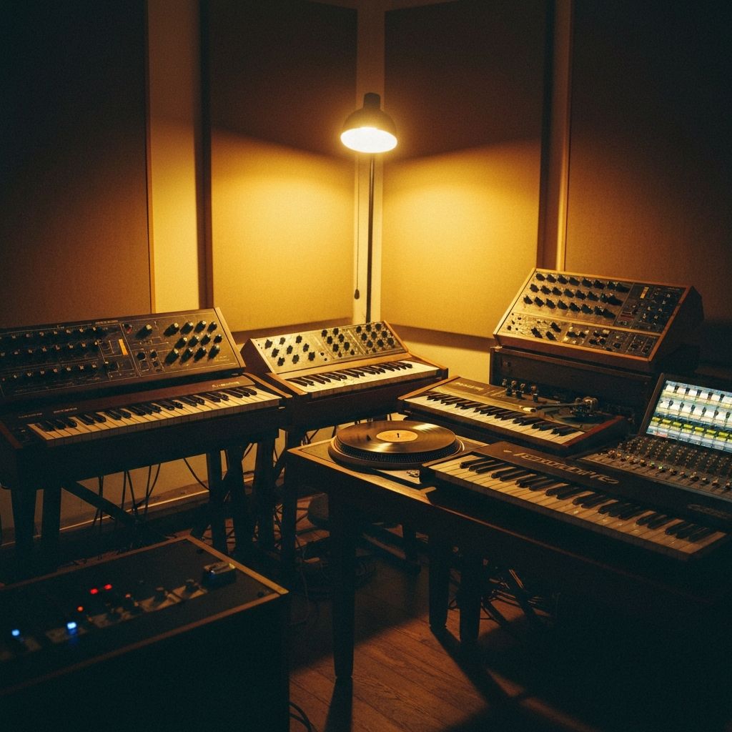 Vintage synthesizers and turntable in a dimly lit music studio