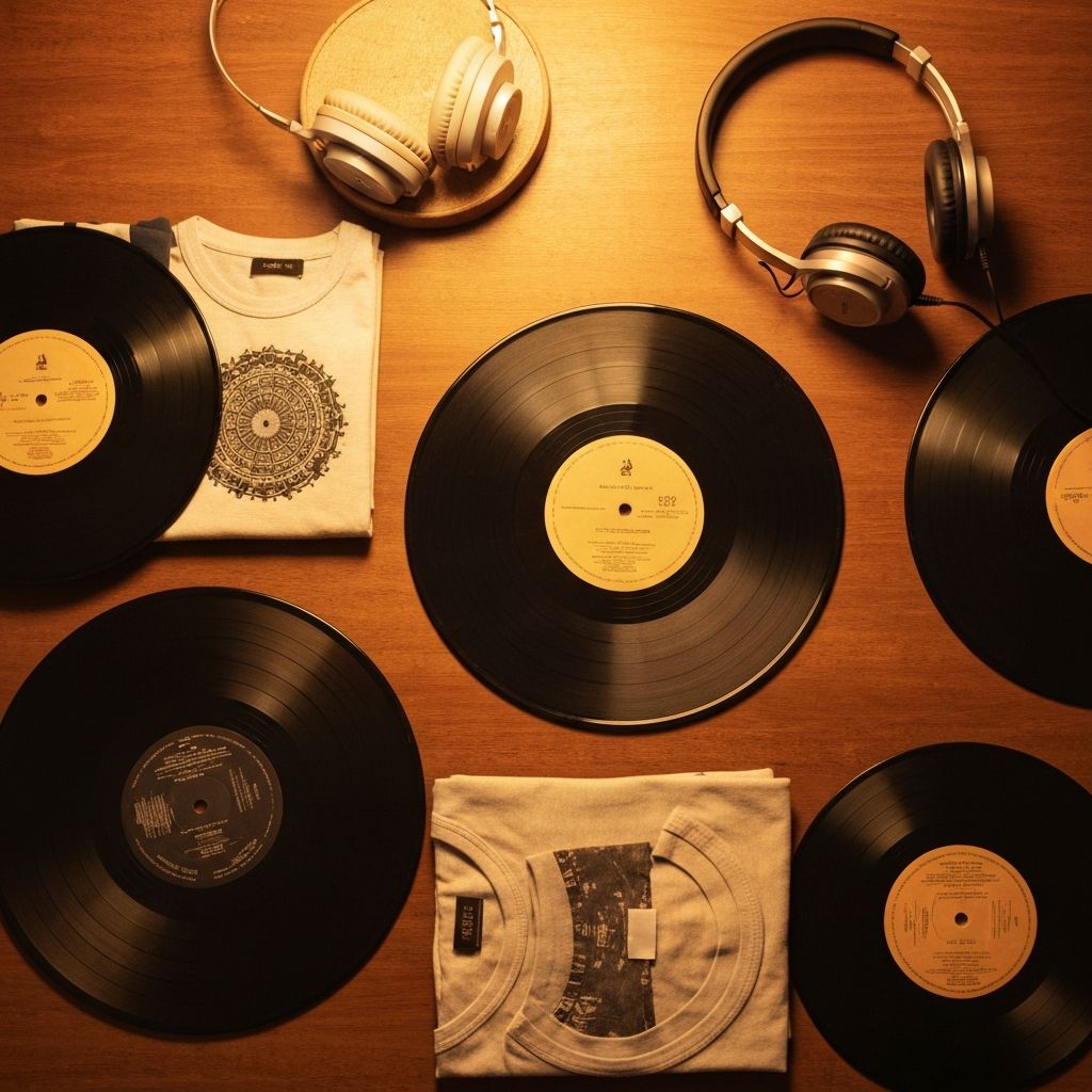 Vinyl records and t-shirts arranged on wooden surface