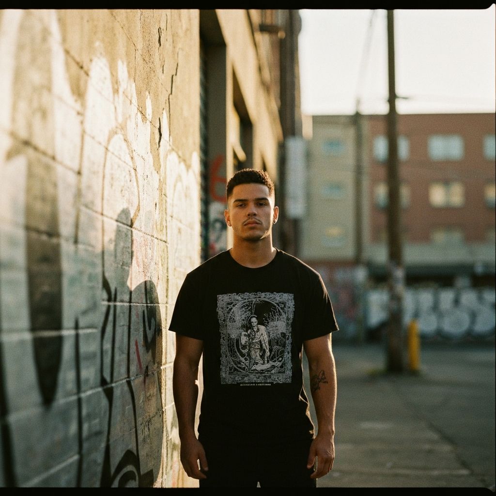 Person in Stereo Cuts tee against a graffiti wall