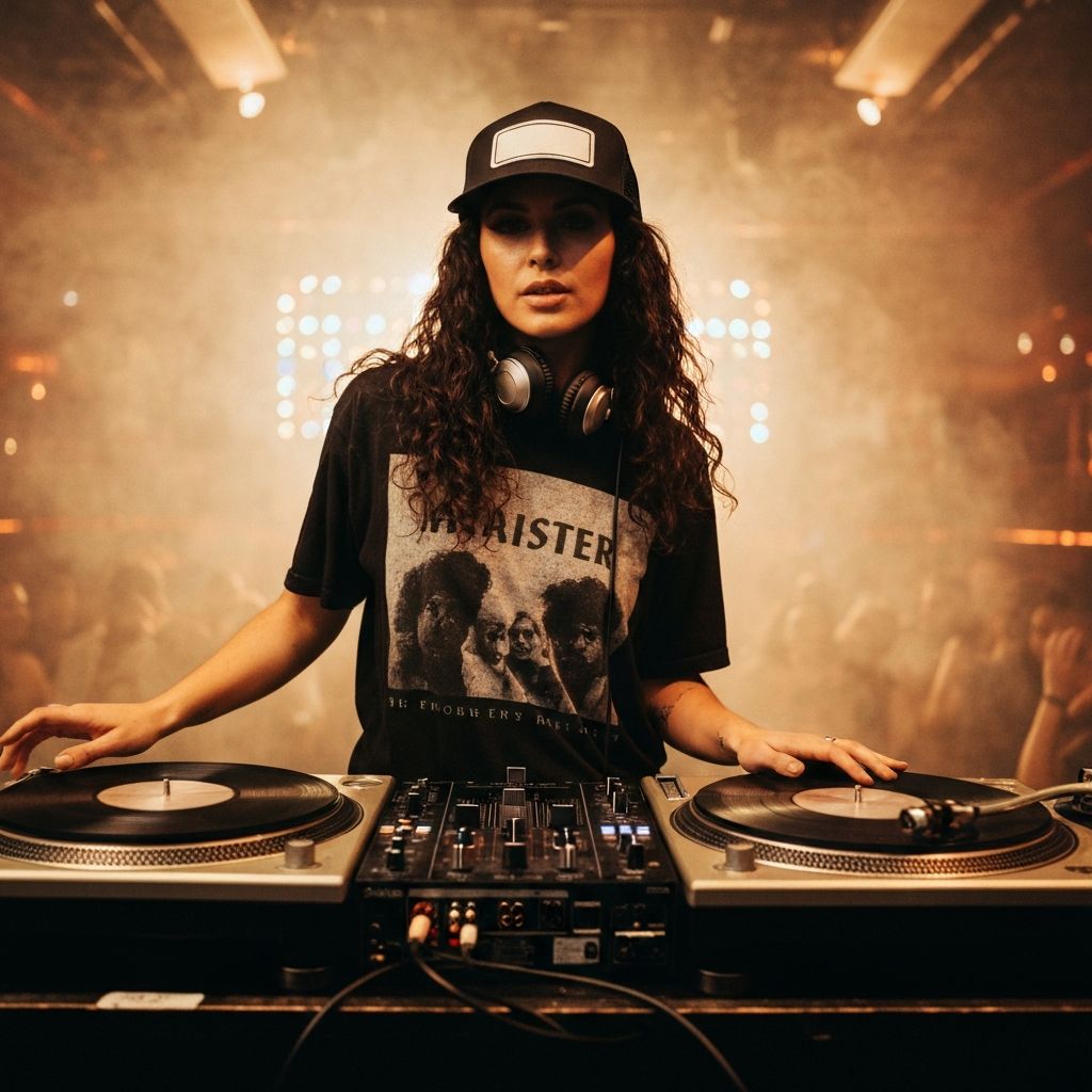 DJ behind turntables wearing Stereo Cuts