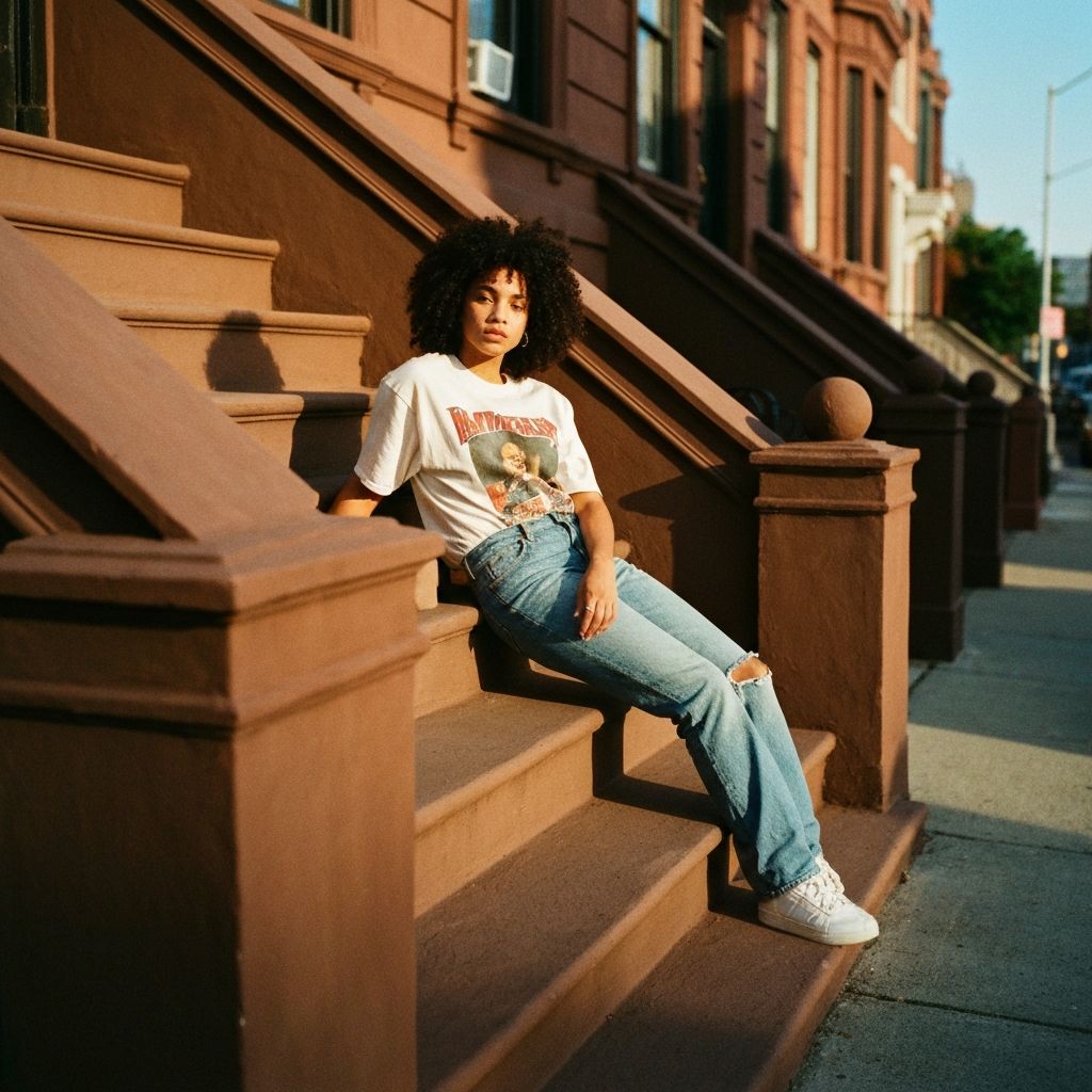Sitting on brownstone steps in graphic tee